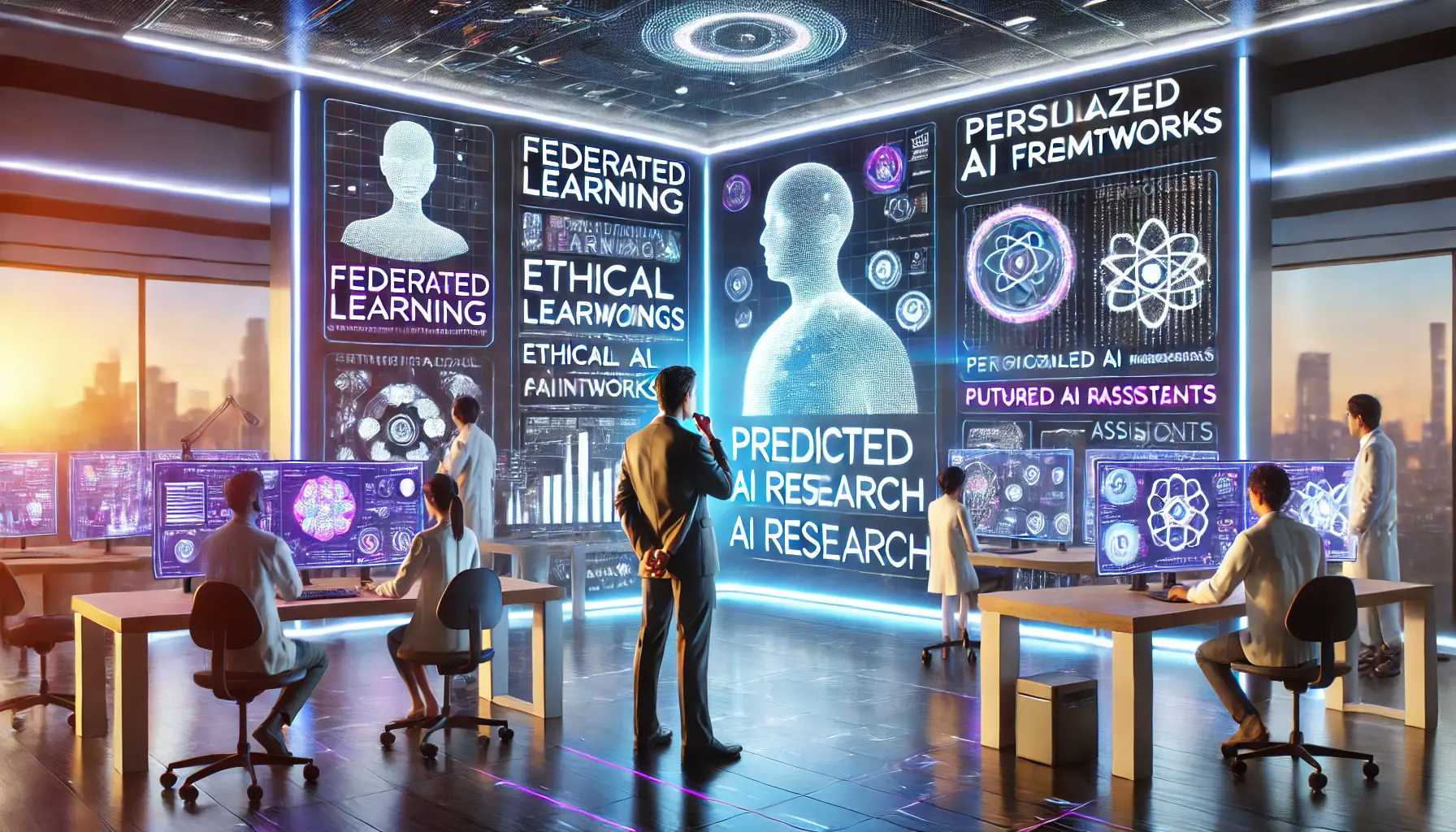 A futuristic AI research lab where scientists explore predicted trends in AI, with digital screens displaying technologies like federated learning and ethical AI frameworks.