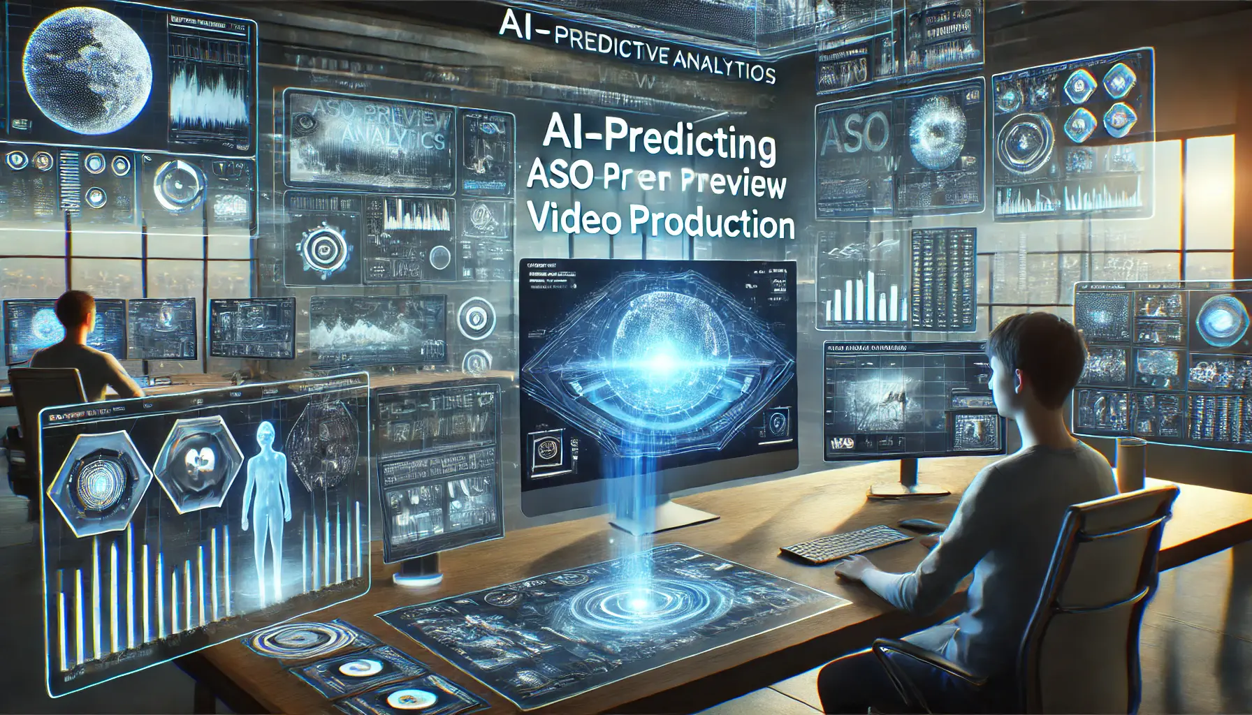 A futuristic digital workspace showcasing AI-powered predictive analytics used for trend forecasting in ASO preview video production.