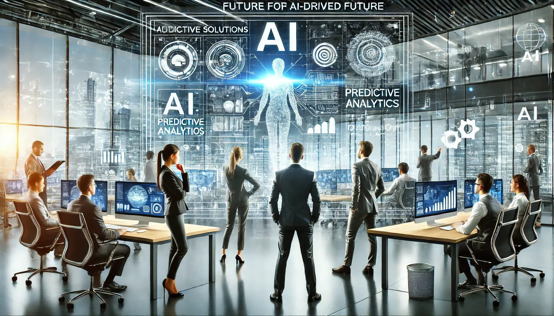 A business team preparing for an AI-driven world, analyzing technology trends and AI-powered solutions in a modern office.