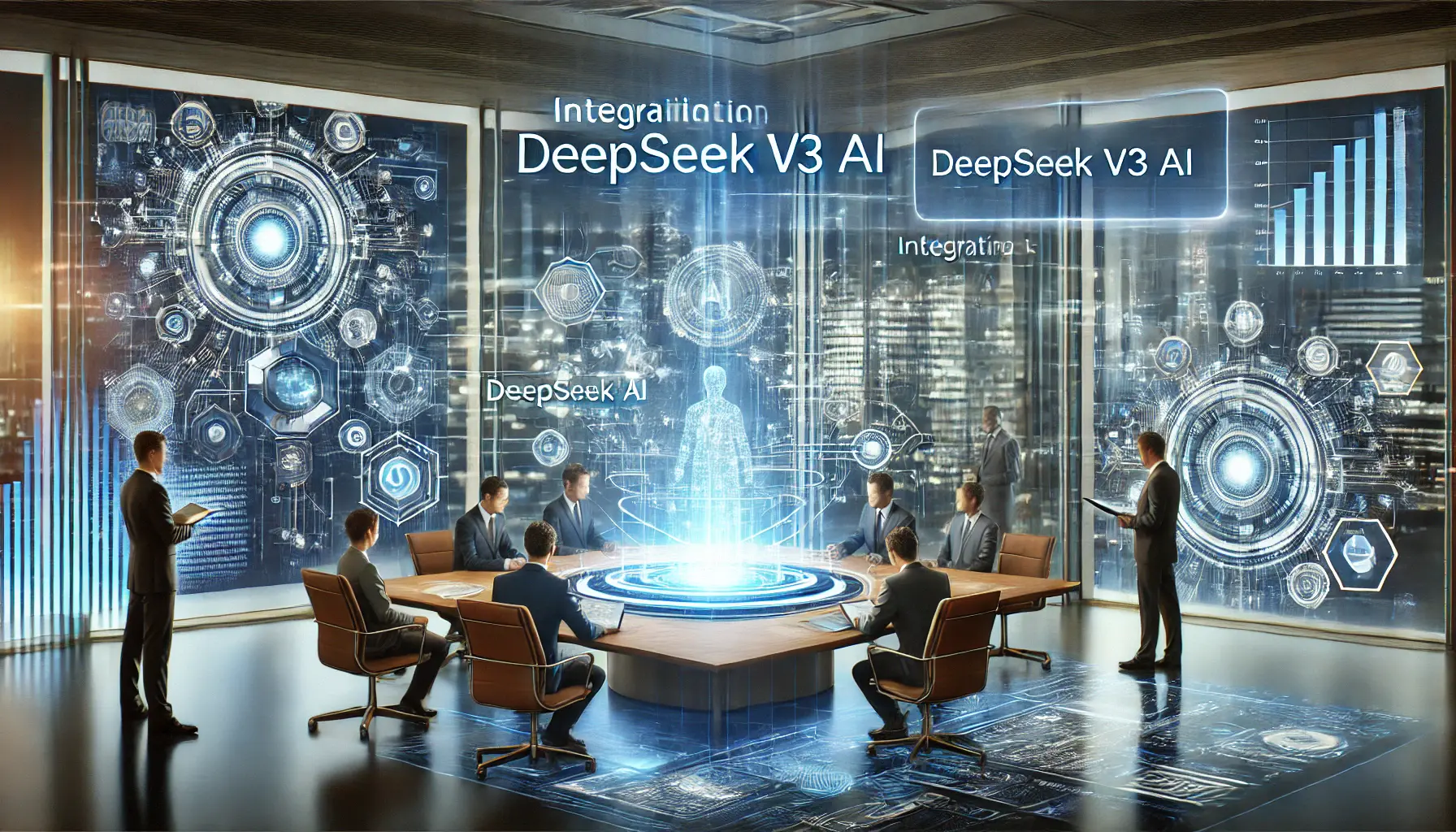 A futuristic corporate workspace with professionals analyzing AI integration strategies using holographic data displays.