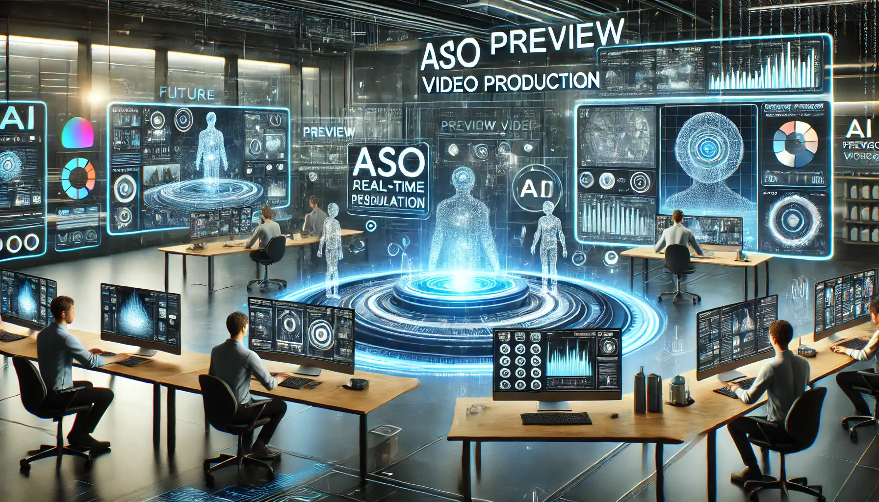 A futuristic digital workspace where AI developers are strategizing and preparing for the future of ASO preview video production.