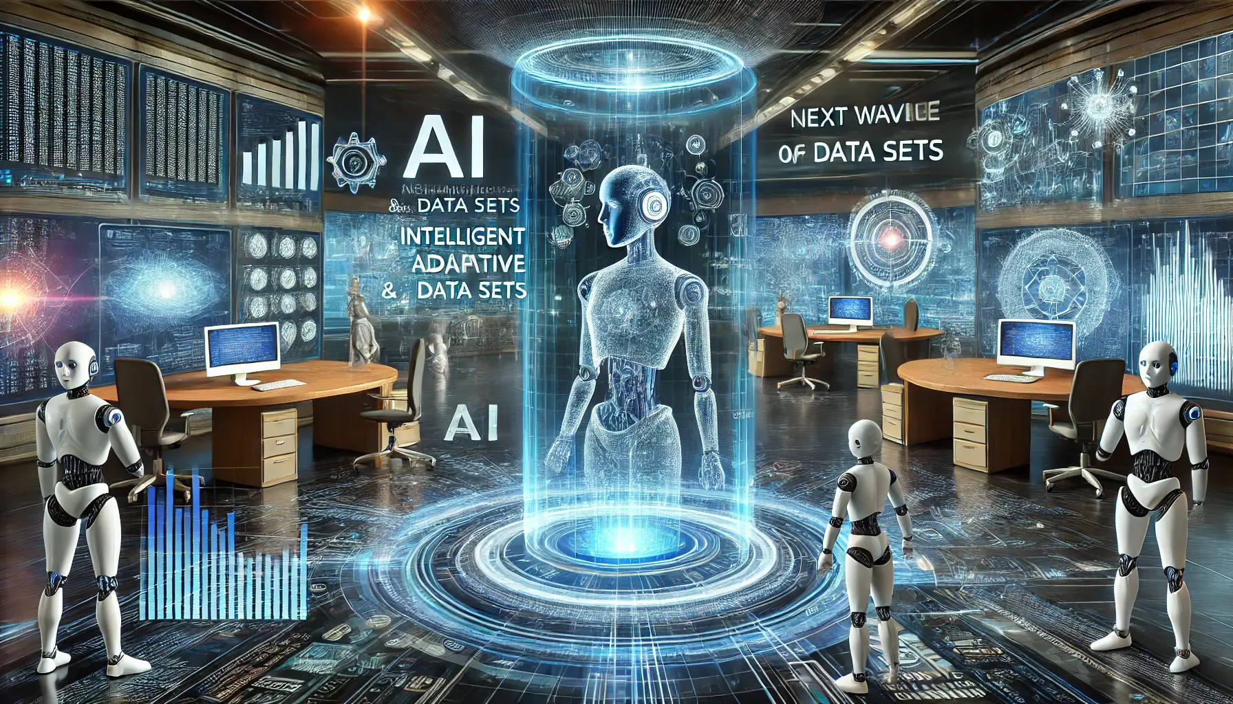 A futuristic environment showing an advanced AI system being trained with massive data sets, preparing for the next generation of adaptive, intelligent chatbots.