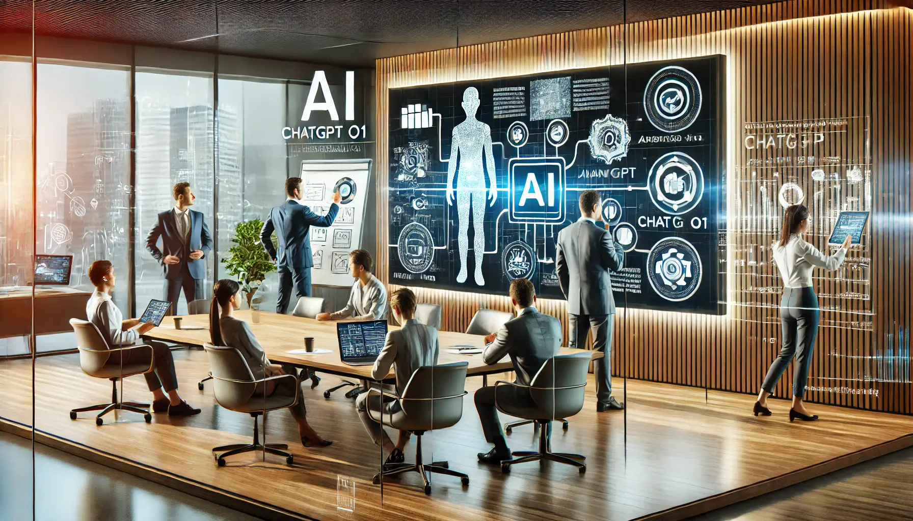 A modern office environment where professionals collaborate to prepare for ChatGPT o1 integration, featuring a digital whiteboard and AI-powered devices.