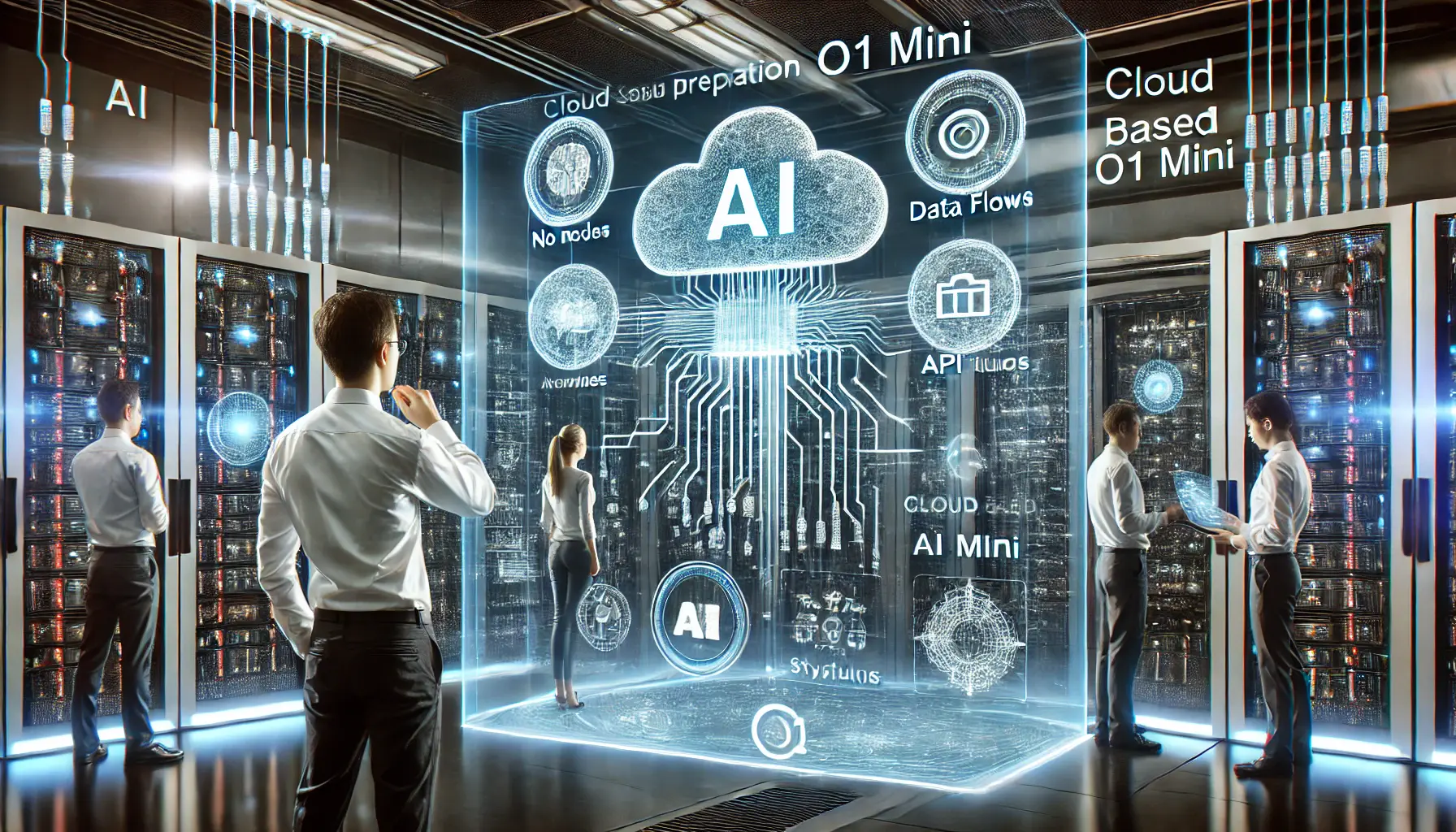 A high-tech server room where engineers configure AI system integration using a futuristic holographic interface displaying data flow and API structures.