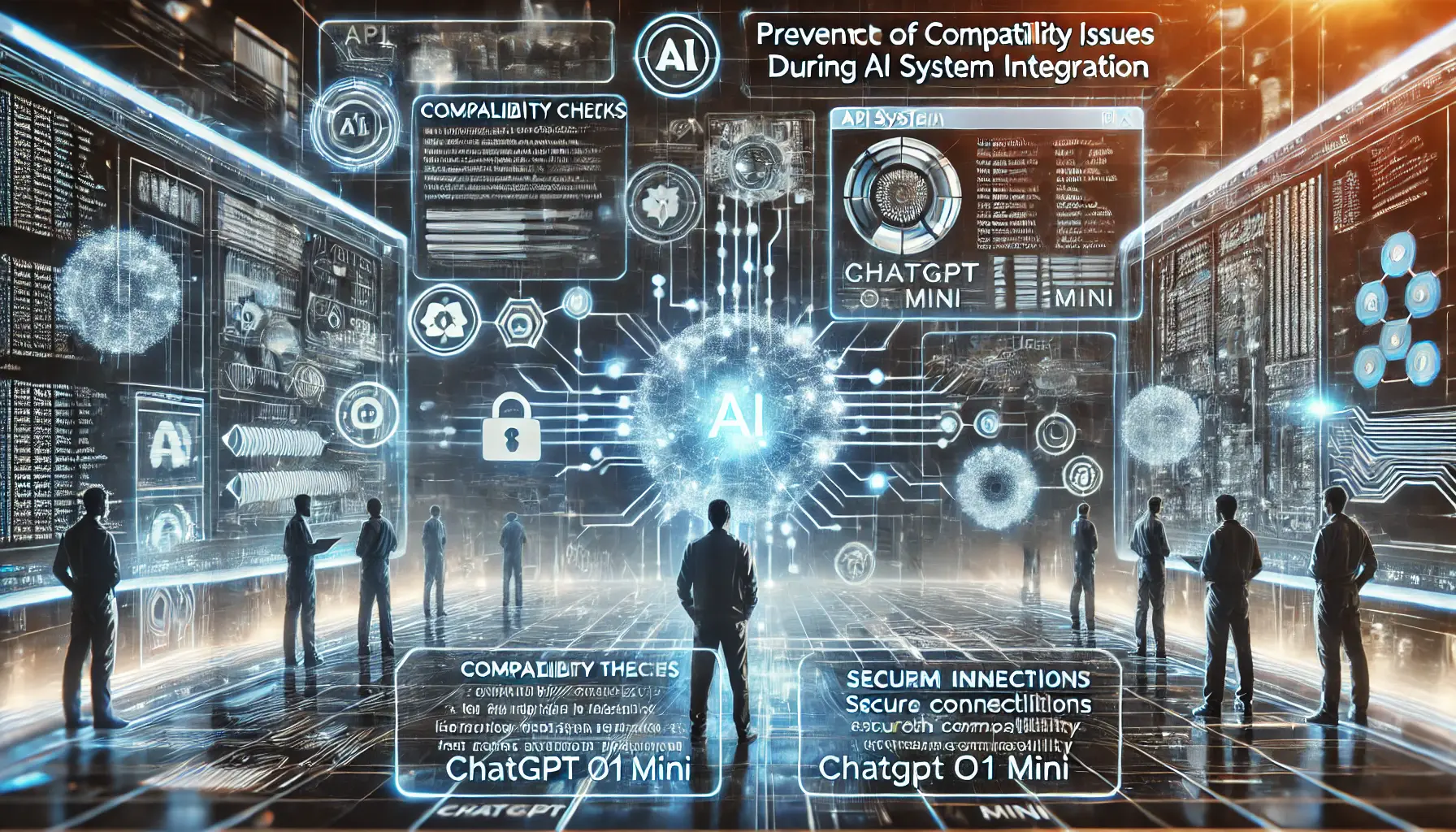 A futuristic digital interface showing engineers reviewing diagnostic screens to prevent compatibility issues during AI system integration, with glowing lines connecting system components.