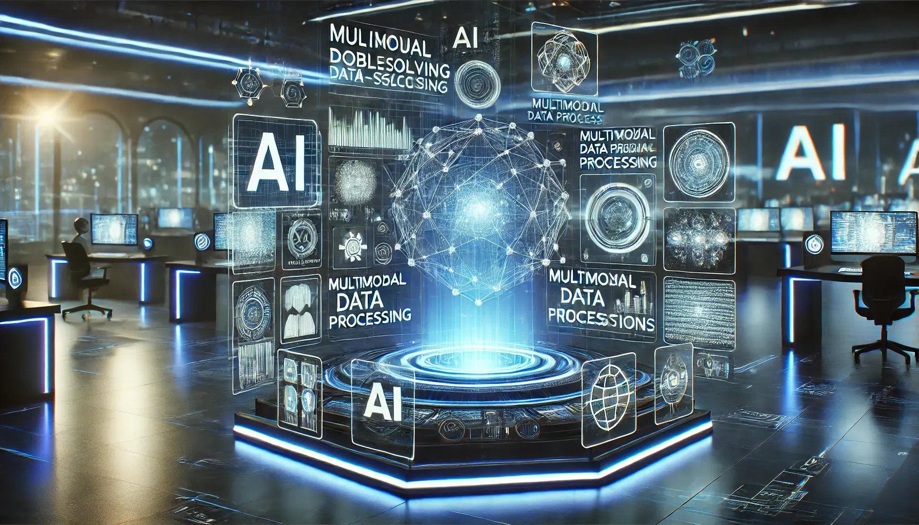 A futuristic AI control room featuring a holographic interface displaying AI problem-solving, multimodal data processing, and neural network visualizations.