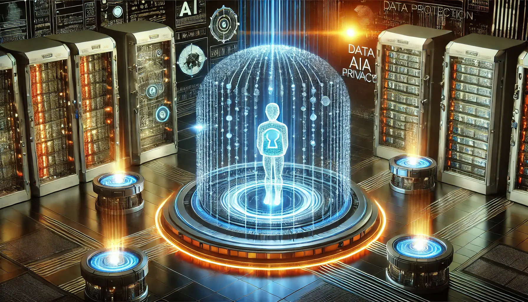 A futuristic digital environment showing a secure data vault surrounded by protective shields, symbolizing privacy and data protection.