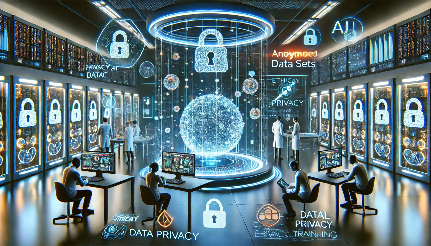 A futuristic AI research lab where AI is trained with anonymized data sets, visualized as encrypted holographic data clusters, monitored by researchers ensuring data privacy compliance.