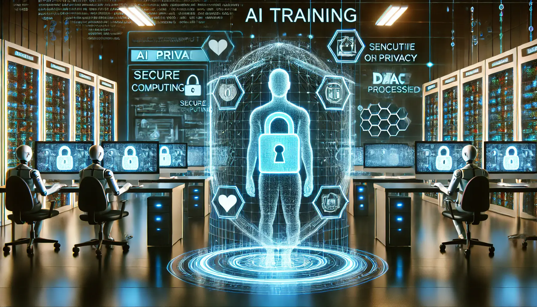 A high-tech AI training environment with a glowing digital shield protecting sensitive data during the training process.