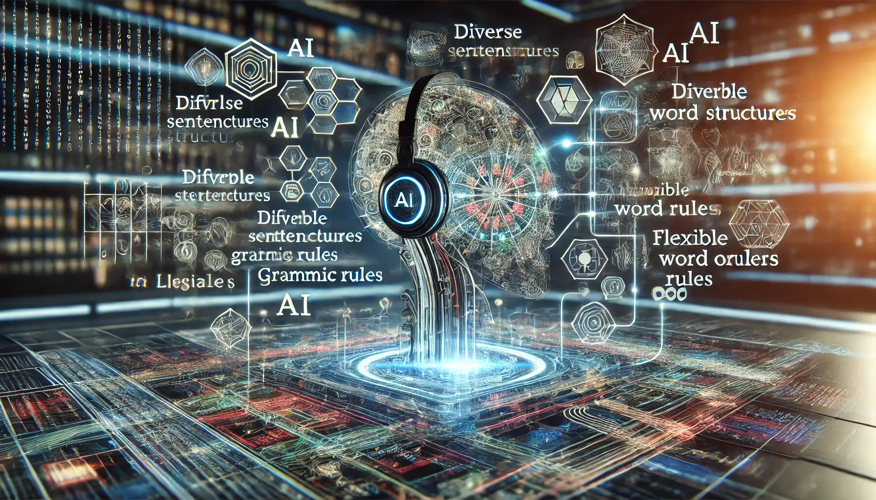 A futuristic AI system processing complex linguistic structures with neural networks analyzing grammar and sentence structures.