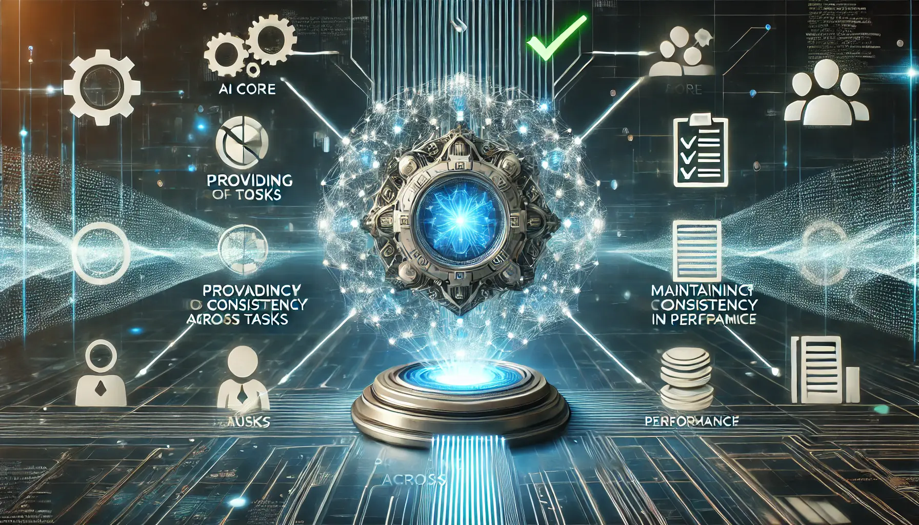 An AI core surrounded by balanced pathways representing different tasks, ensuring consistent performance.