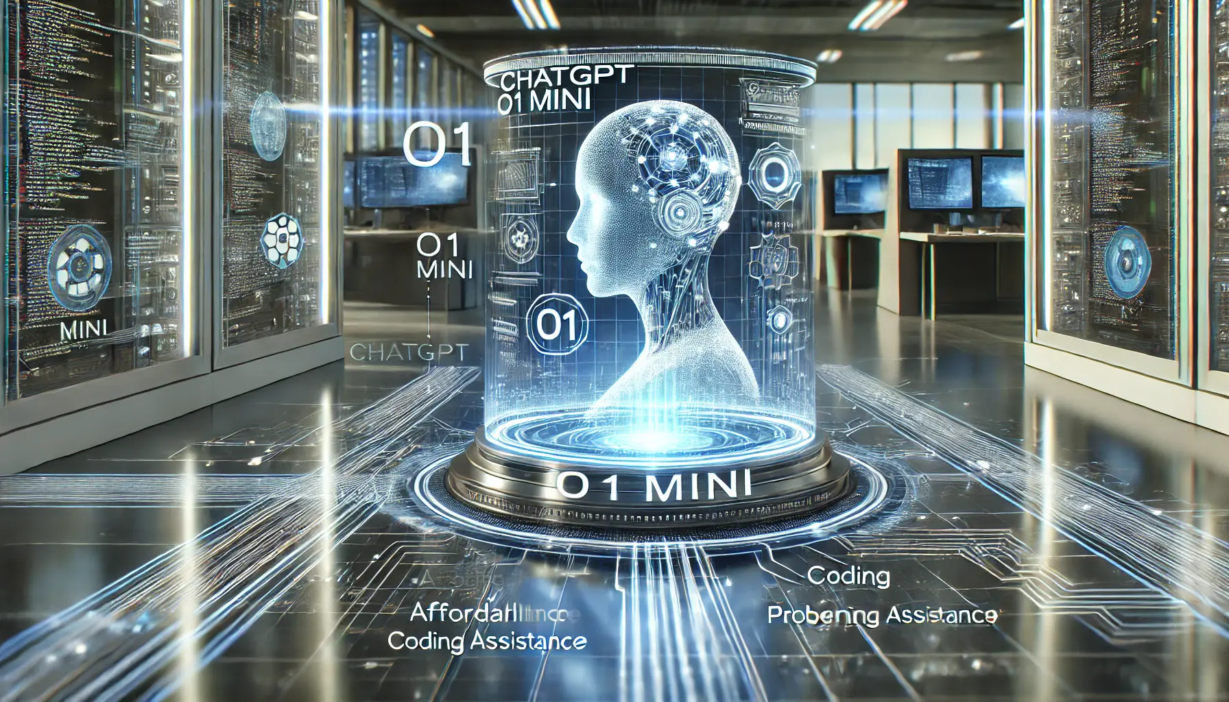 A futuristic AI workspace displaying a digital representation of the ChatGPT o1 Mini model with an advanced neural network and holographic data streams.