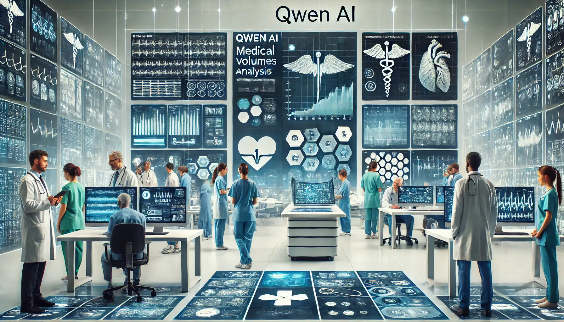 A modern healthcare setting where professionals use AI-powered systems to analyze medical data and improve patient care.