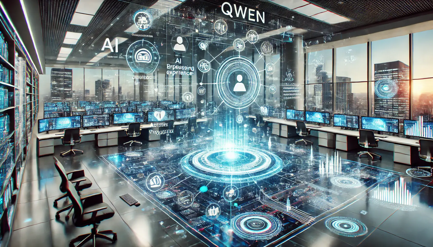 A futuristic business environment where Qwen AI is streamlining operations and enhancing user engagement through personalized services and automation.