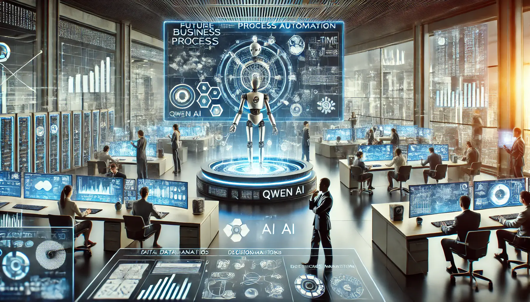 A futuristic business environment where AI-powered systems, like Qwen, automate business tasks such as data analysis, decision-making, and workflow optimization.