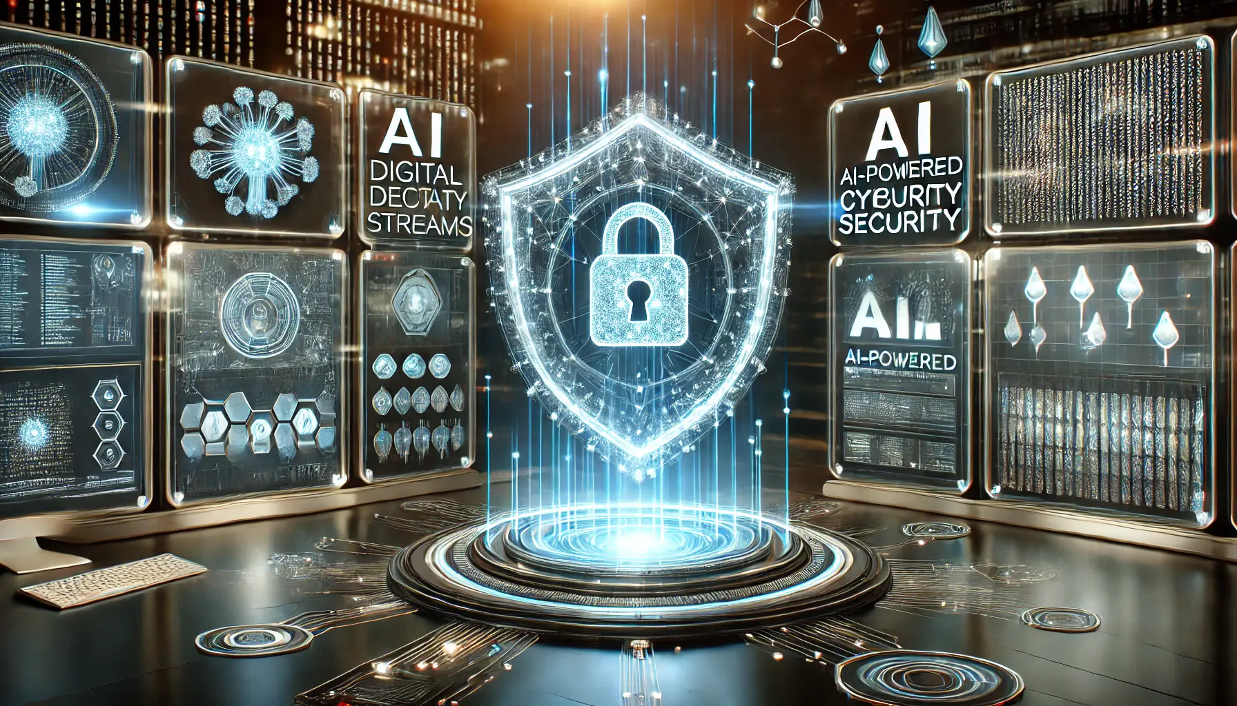 A futuristic AI-driven cybersecurity environment with a glowing digital shield protecting sensitive data streams and holographic security interfaces.