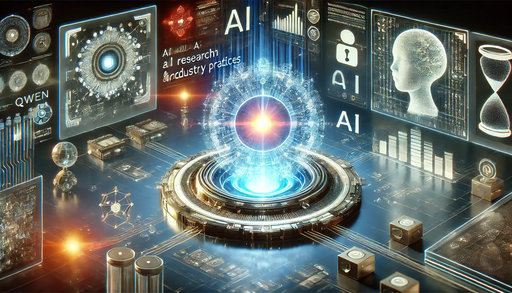 A futuristic digital environment showcasing Qwen's influence on AI research and industry practices, with AI algorithms and data analysis tools.