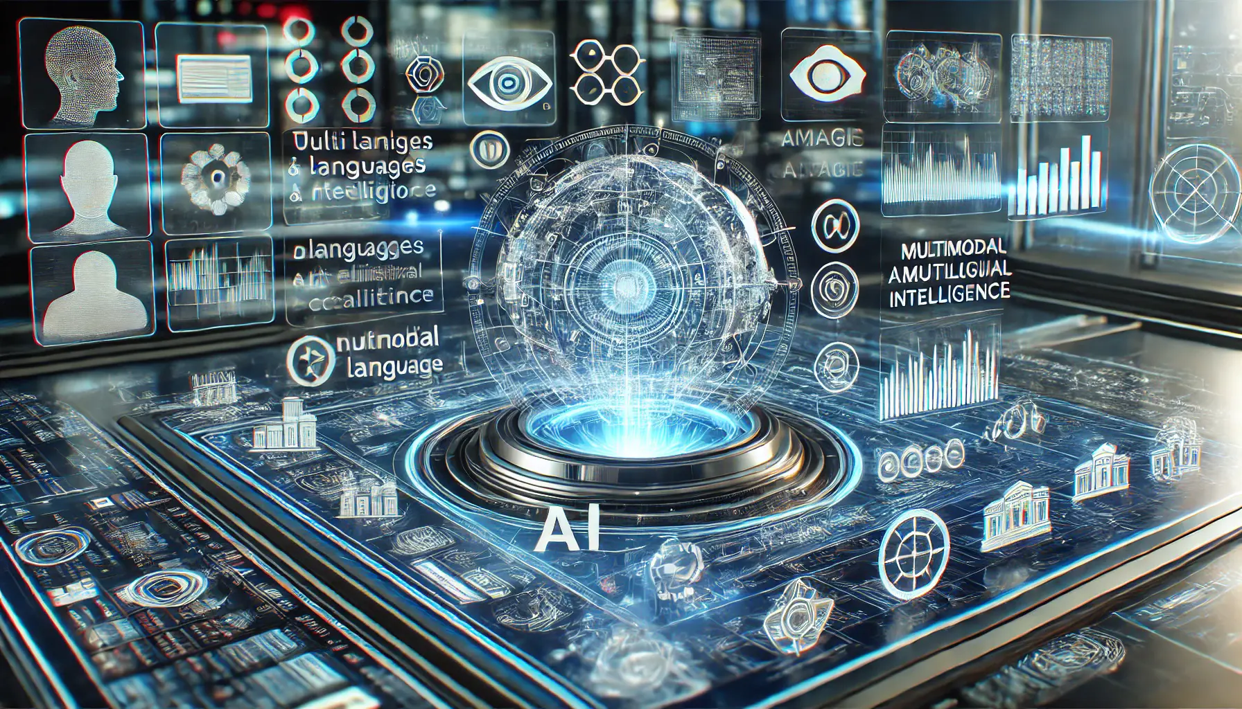 A futuristic AI system processing multiple data types like text, images, and audio in various languages, with a high-tech digital environment.