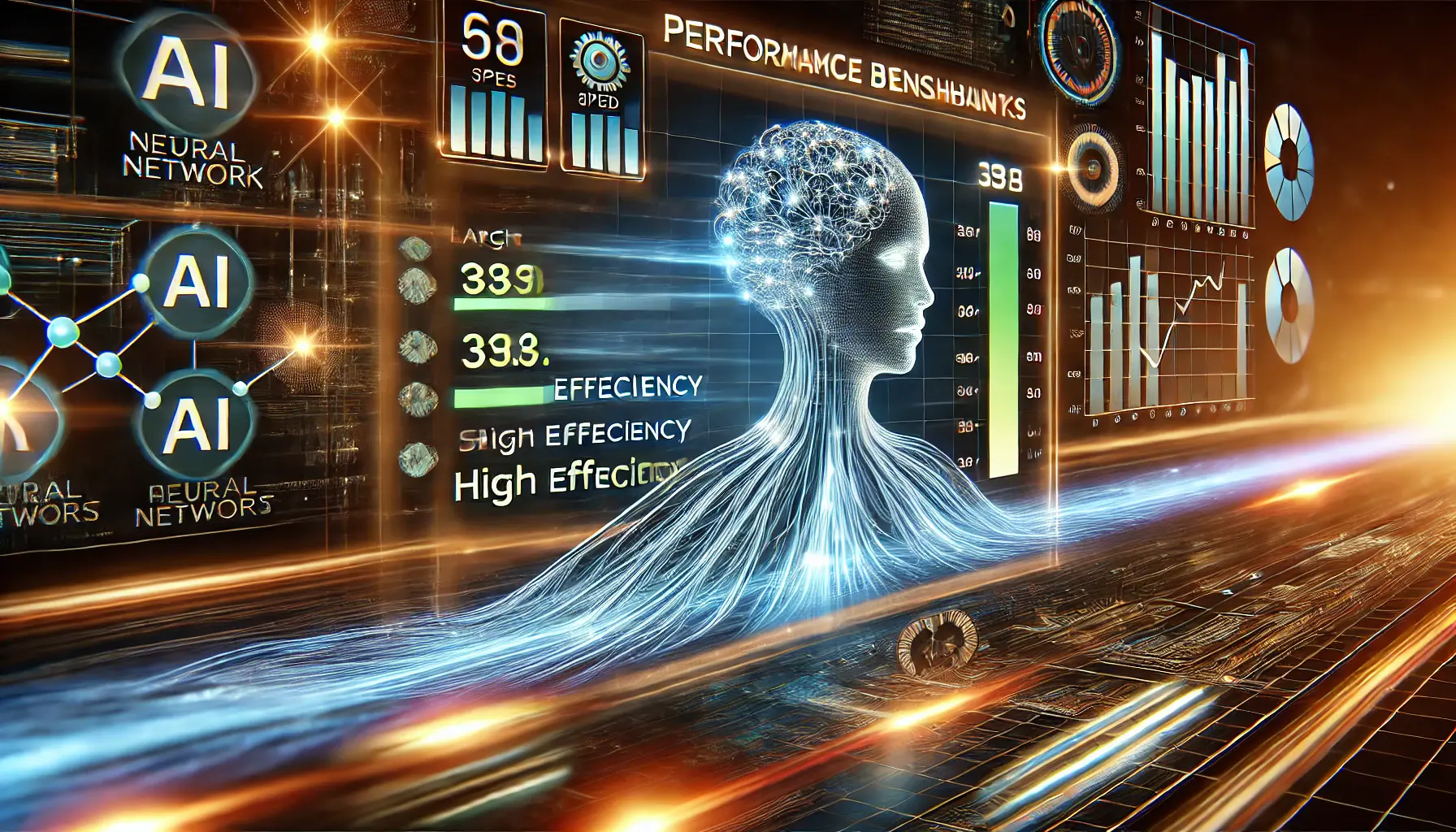 A futuristic digital representation of AI benchmarks and future developments, showcasing a neural network processing large datasets with high efficiency.