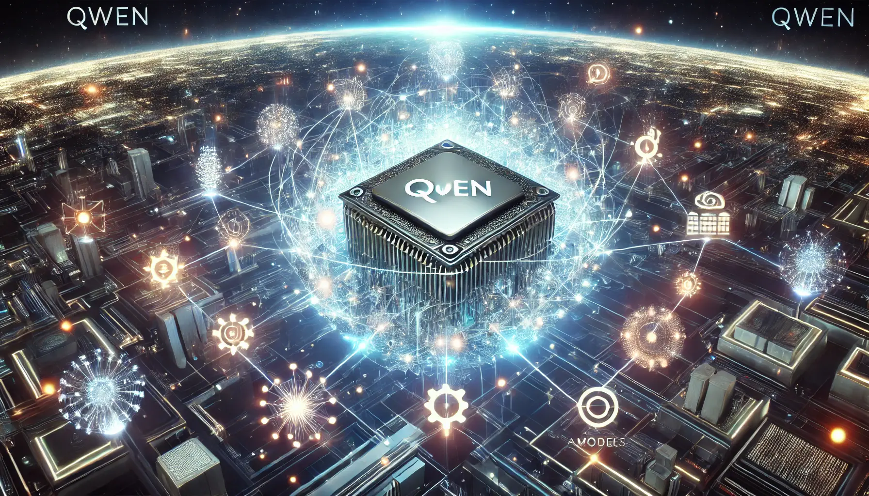 A futuristic visualization of Qwen's role in the AI ecosystem, with interconnected data streams and glowing AI models.