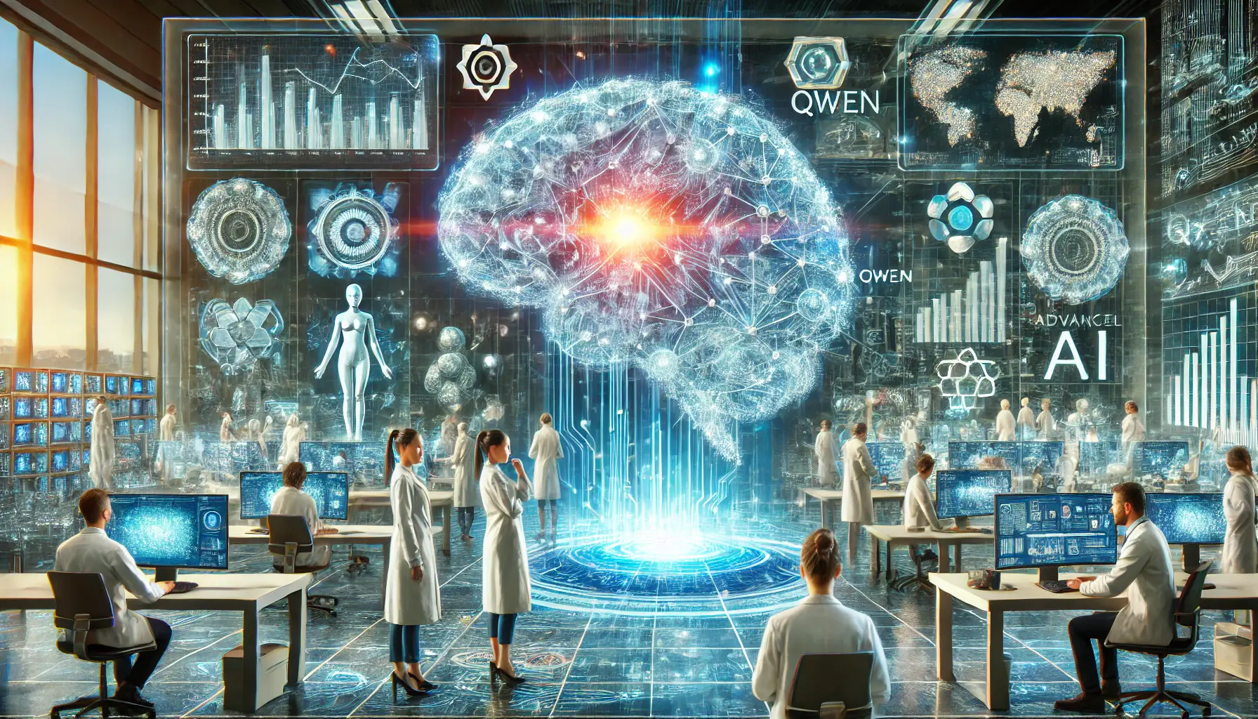 A high-tech futuristic lab where scientists interact with advanced AI models and holographic displays. A glowing digital brain represents Qwen’s influence on AI technology, with data streams flowing to various industries.