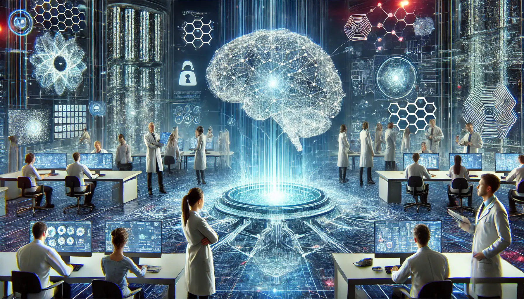 A futuristic AI research environment with scientists analyzing AI models on holographic screens, a central glowing digital brain processing data, and neural network visualizations representing Qwen's contributions to artificial intelligence.