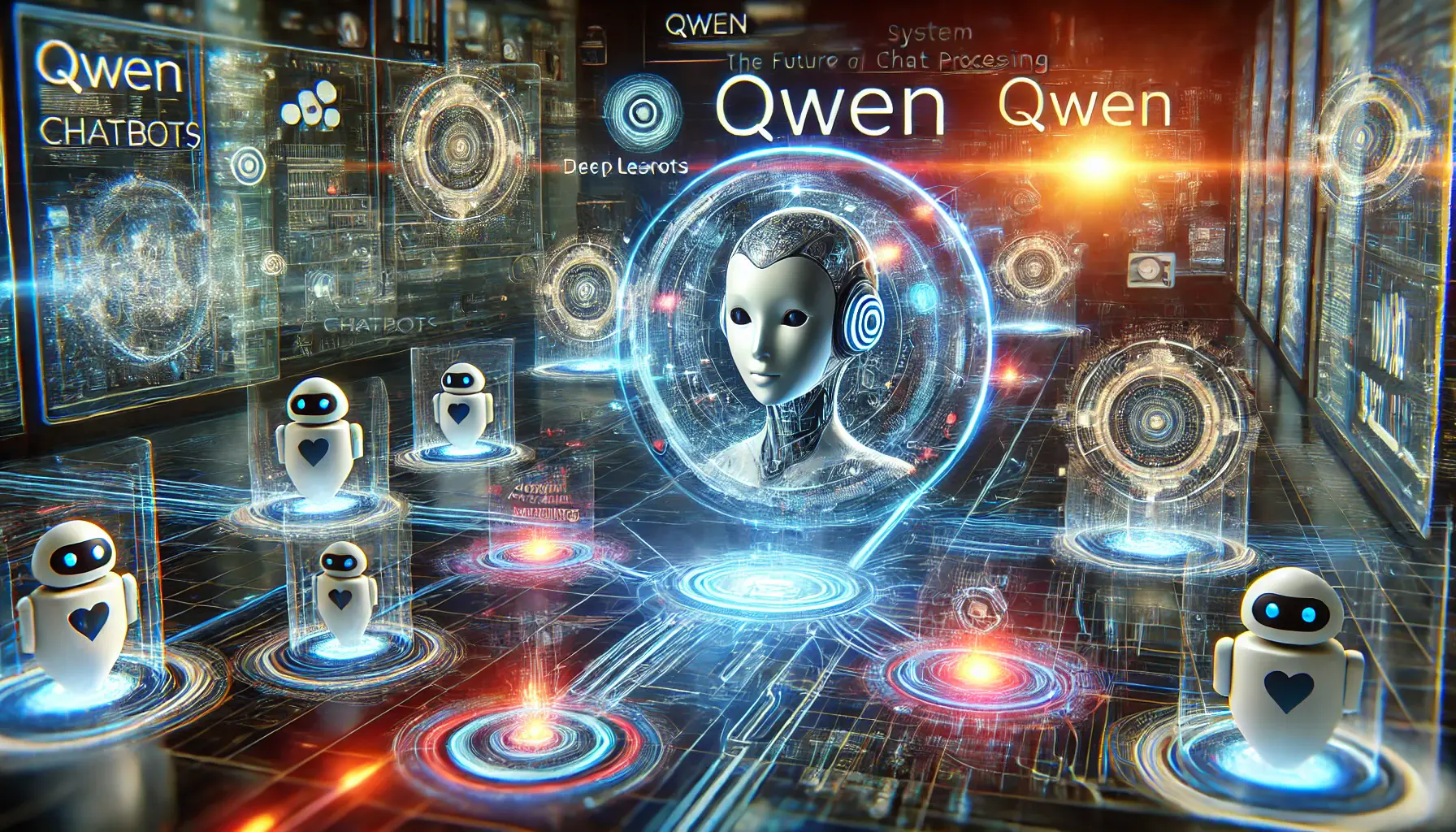 A futuristic digital environment showcasing Qwen powering multiple chatbots, with glowing neural networks and digital interfaces representing deep learning capabilities.