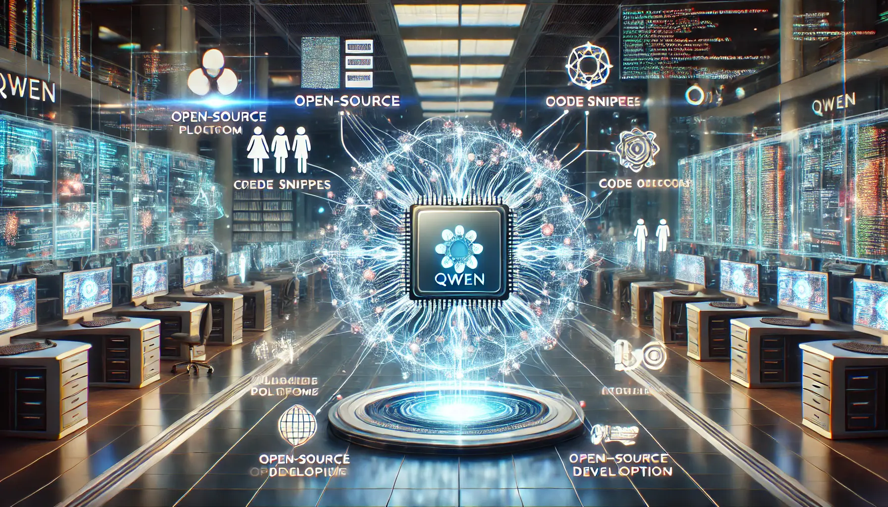 A futuristic visualization of Qwen's involvement in open-source AI, with interconnected data streams and developer contributions.