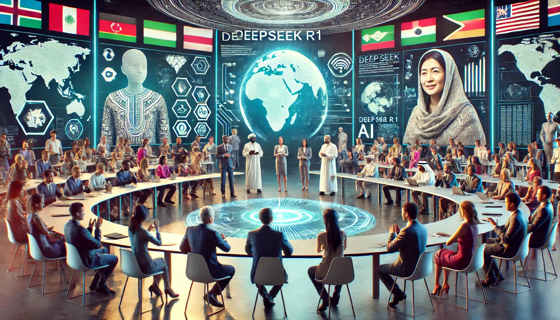 A global conference with international tech leaders and AI experts discussing the impact of DeepSeek R1, featuring diverse individuals and futuristic holographic displays.