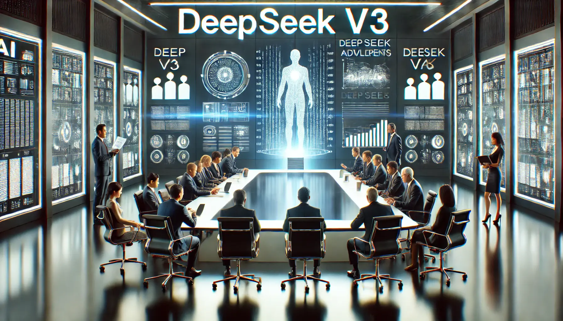 Executives from leading tech companies discussing AI advancements in a modern conference room with large digital screens showing DeepSeek v3's performance.