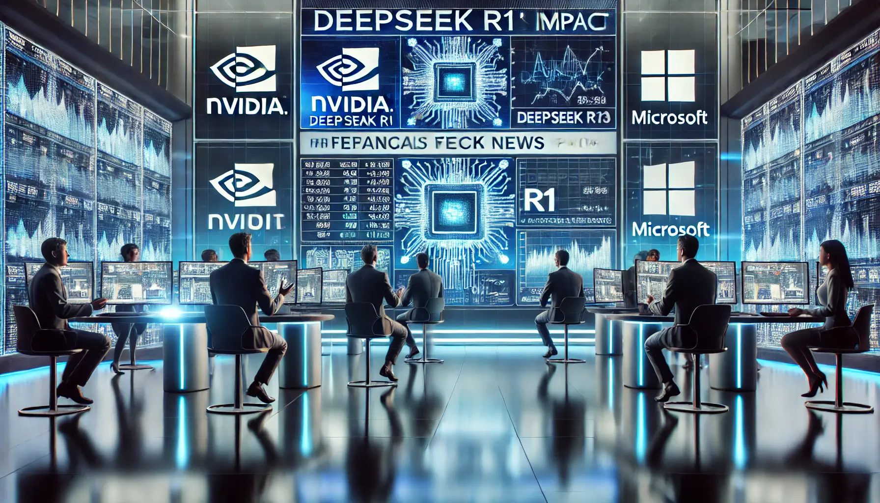 A high-tech financial news room with professionals discussing the market reactions to AI innovations.