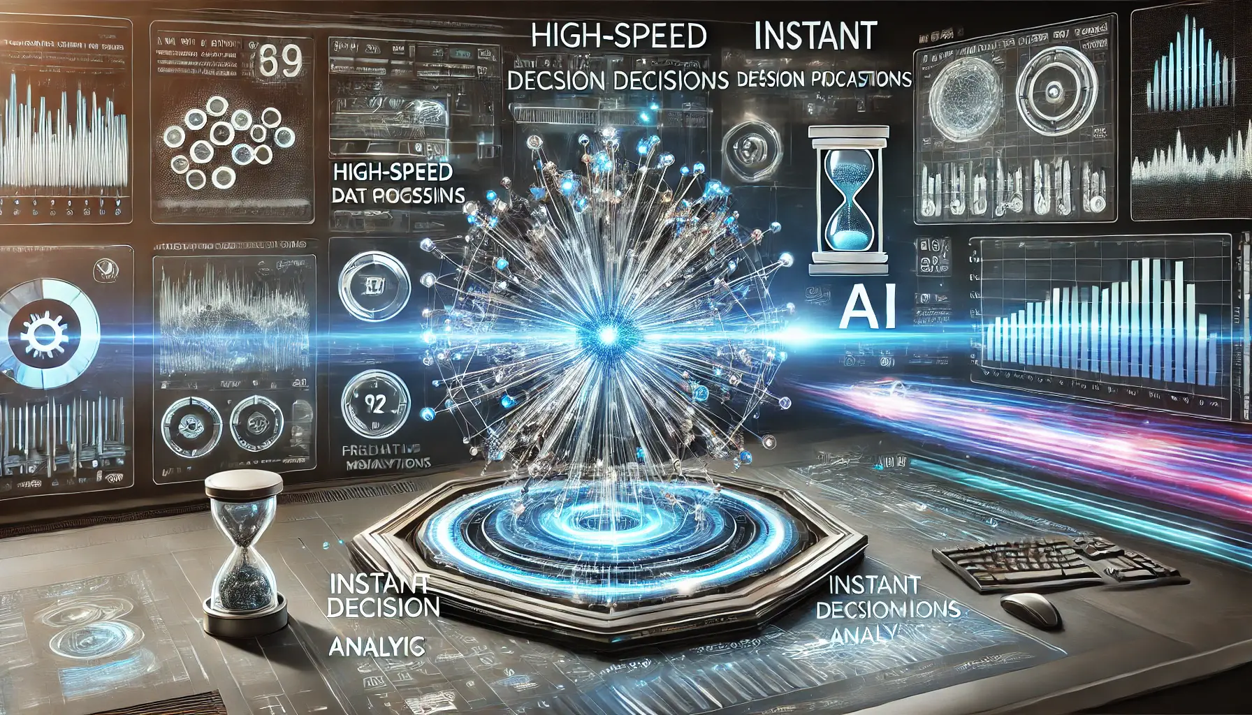 A futuristic AI-powered system making real-time decisions, featuring high-speed data processing, predictive analytics, and interconnected neural networks.