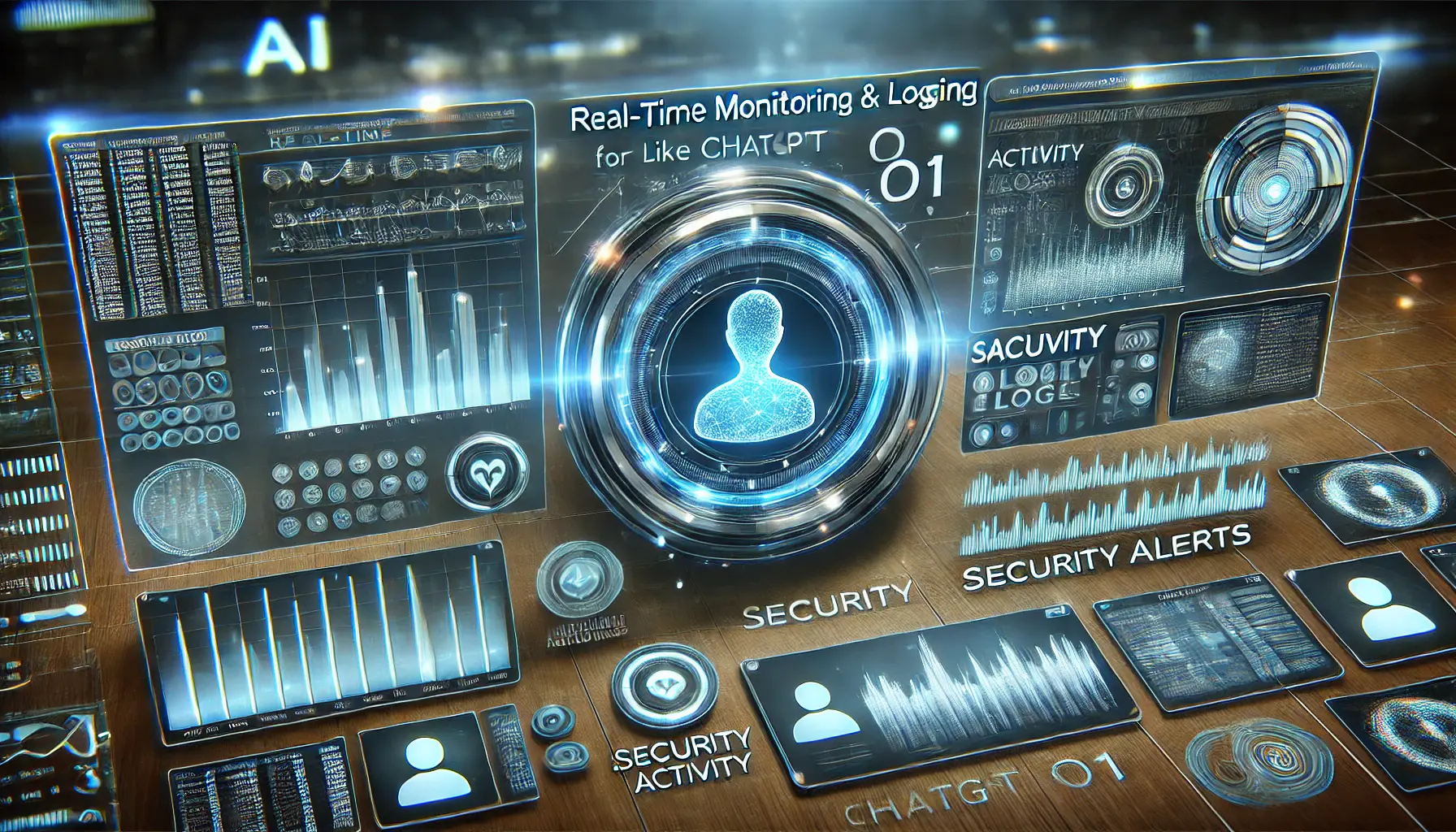 A digital concept illustrating a futuristic monitoring dashboard displaying real-time activity logs, security alerts, and data streams.