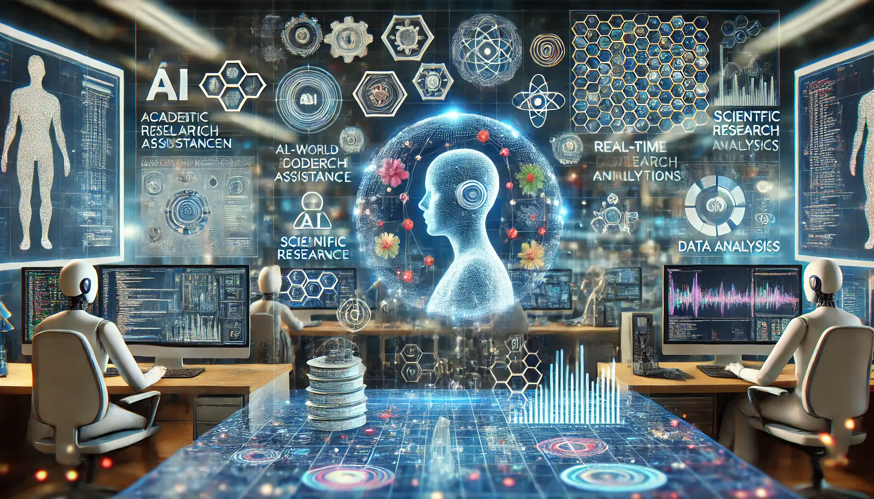 A futuristic visualization depicting AI applications across multiple industries, including academic research, software development, and data analysis.