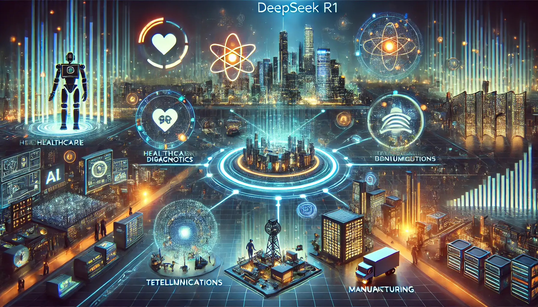 A futuristic visualization showing the applications of DeepSeek R1 in healthcare, telecommunications, and manufacturing, with AI-driven solutions enhancing each sector.