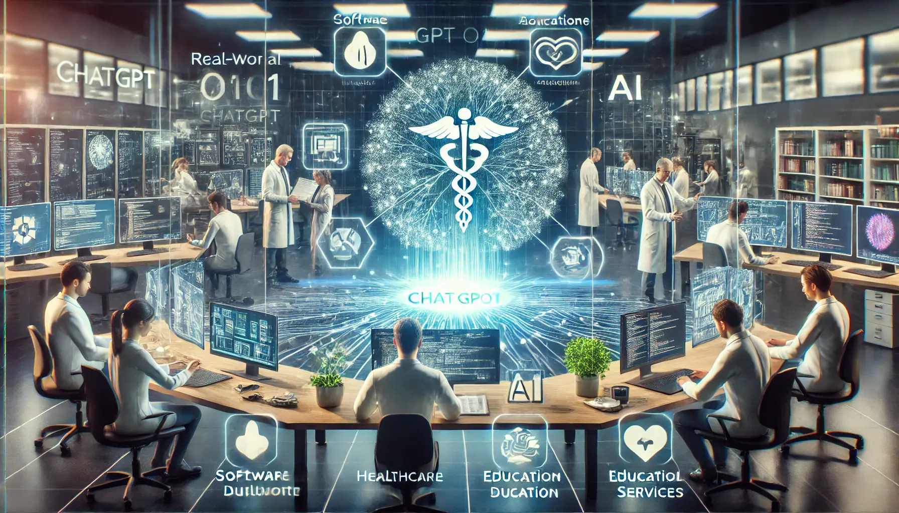 Engineers working on real-world applications of ChatGPT o1 integration across industries like software development, healthcare, education, and legal services.