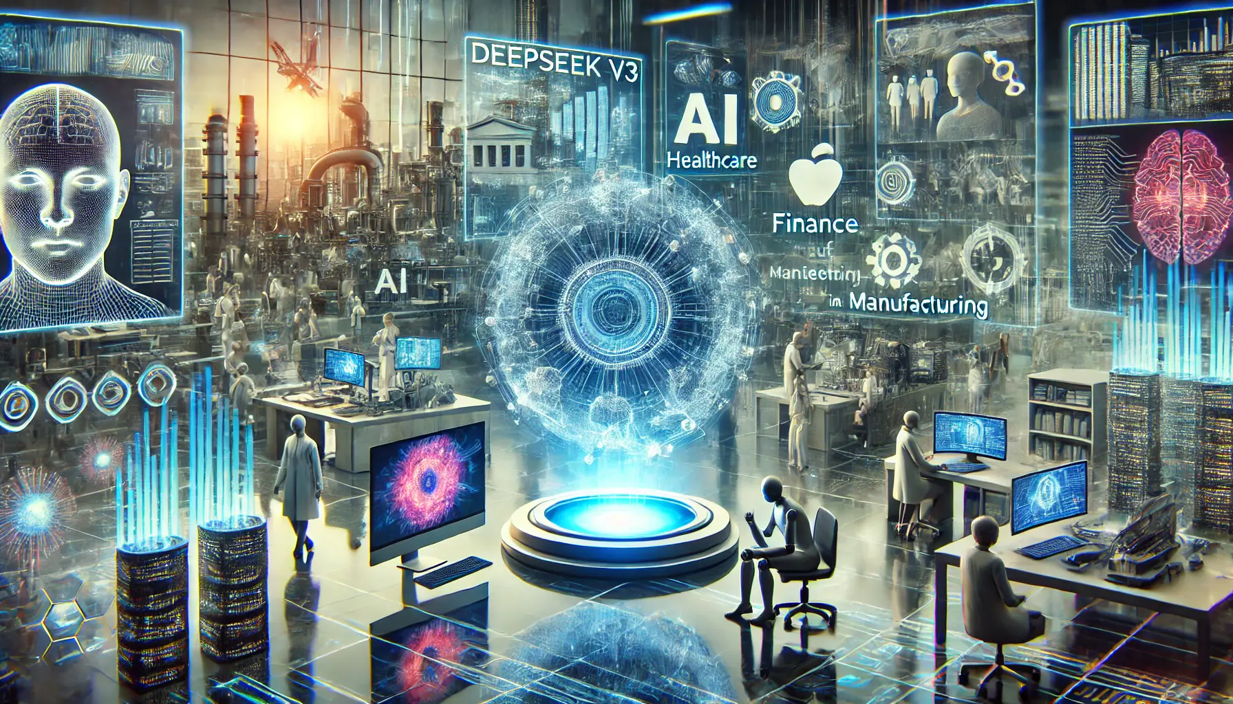 A futuristic depiction of DeepSeek v3's applications in healthcare, finance, and manufacturing, showcasing AI-powered solutions in action.