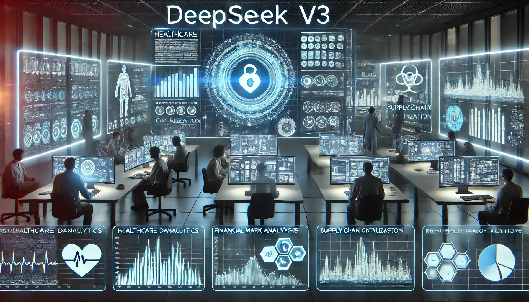 A futuristic control room showing engineers and data scientists utilizing DeepSeek v3 for real-world applications such as healthcare, finance, and supply chain optimization.