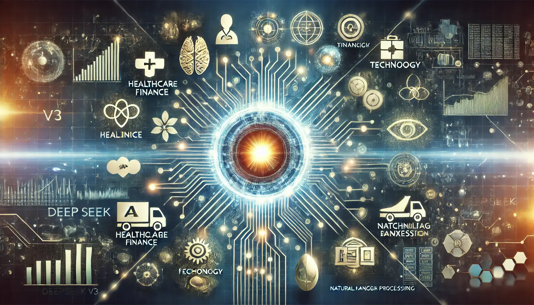 A visualization of DeepSeek v3’s real-world applications, with a central glowing AI core and digital pathways leading to various industry symbols.