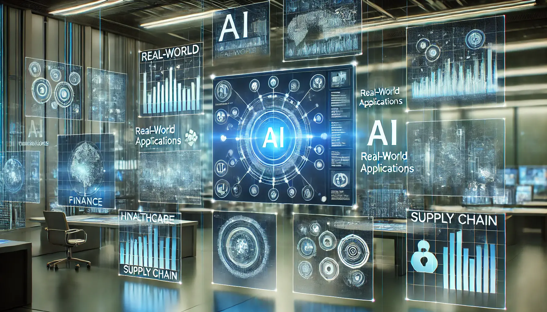 A futuristic AI system displaying multiple holographic screens showcasing real-world applications in finance, healthcare, and supply chain with enhanced accuracy in predictions.