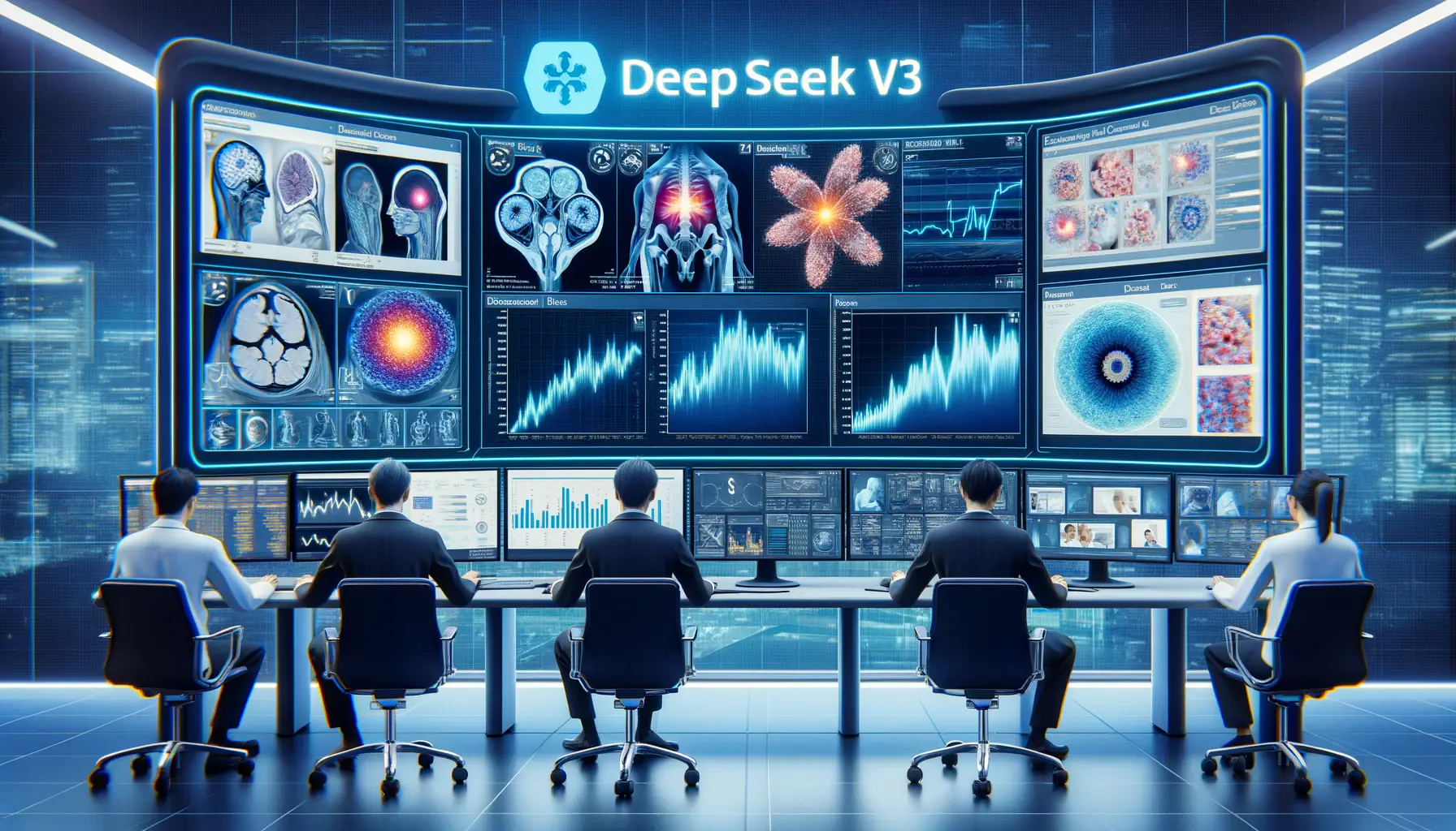 A high-tech control center applying DeepSeek v3 to medical diagnostics, financial analysis, and content creation.