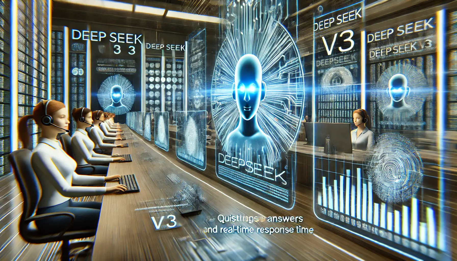 A futuristic customer service environment powered by DeepSeek v3, showcasing rapid AI processing and quick response handling.