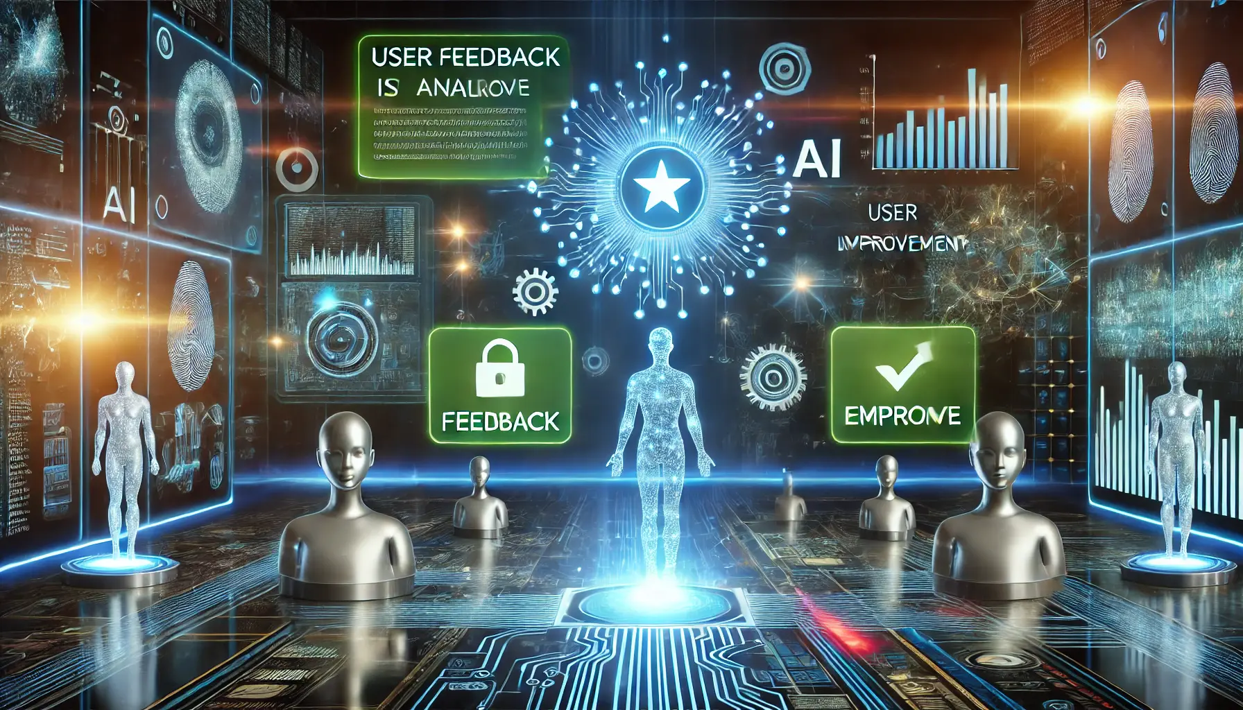 A futuristic digital environment where user feedback is analyzed to improve AI systems, with glowing feedback icons and dynamic data visualizations.