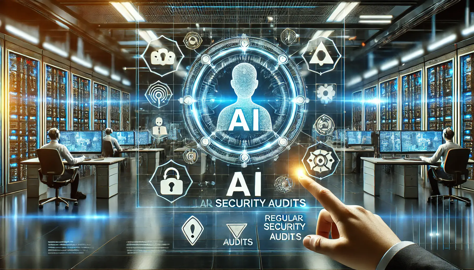 A futuristic control room with cybersecurity experts monitoring AI systems, with alert systems and real-time data being reviewed for vulnerabilities.