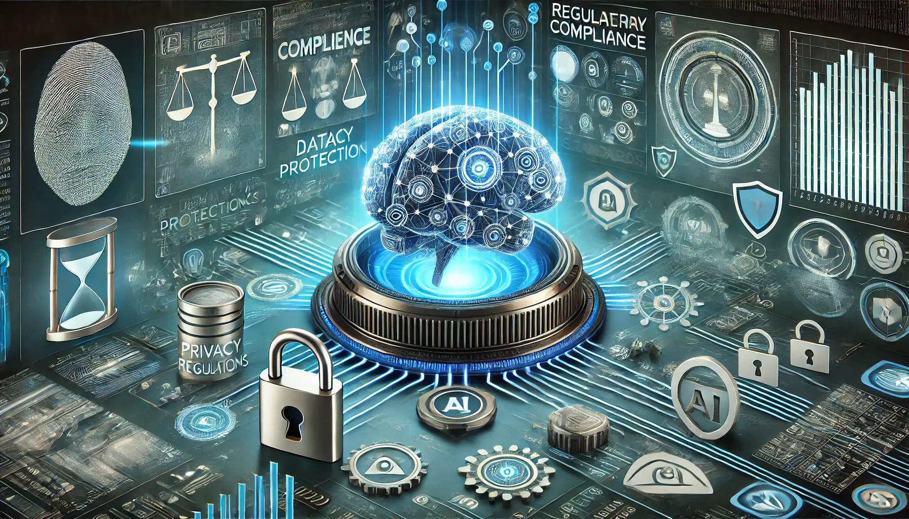 A futuristic AI system surrounded by security measures, such as shields and locks, symbolizing compliance with data protection regulations, with a neural network processing data while following strict protocols.