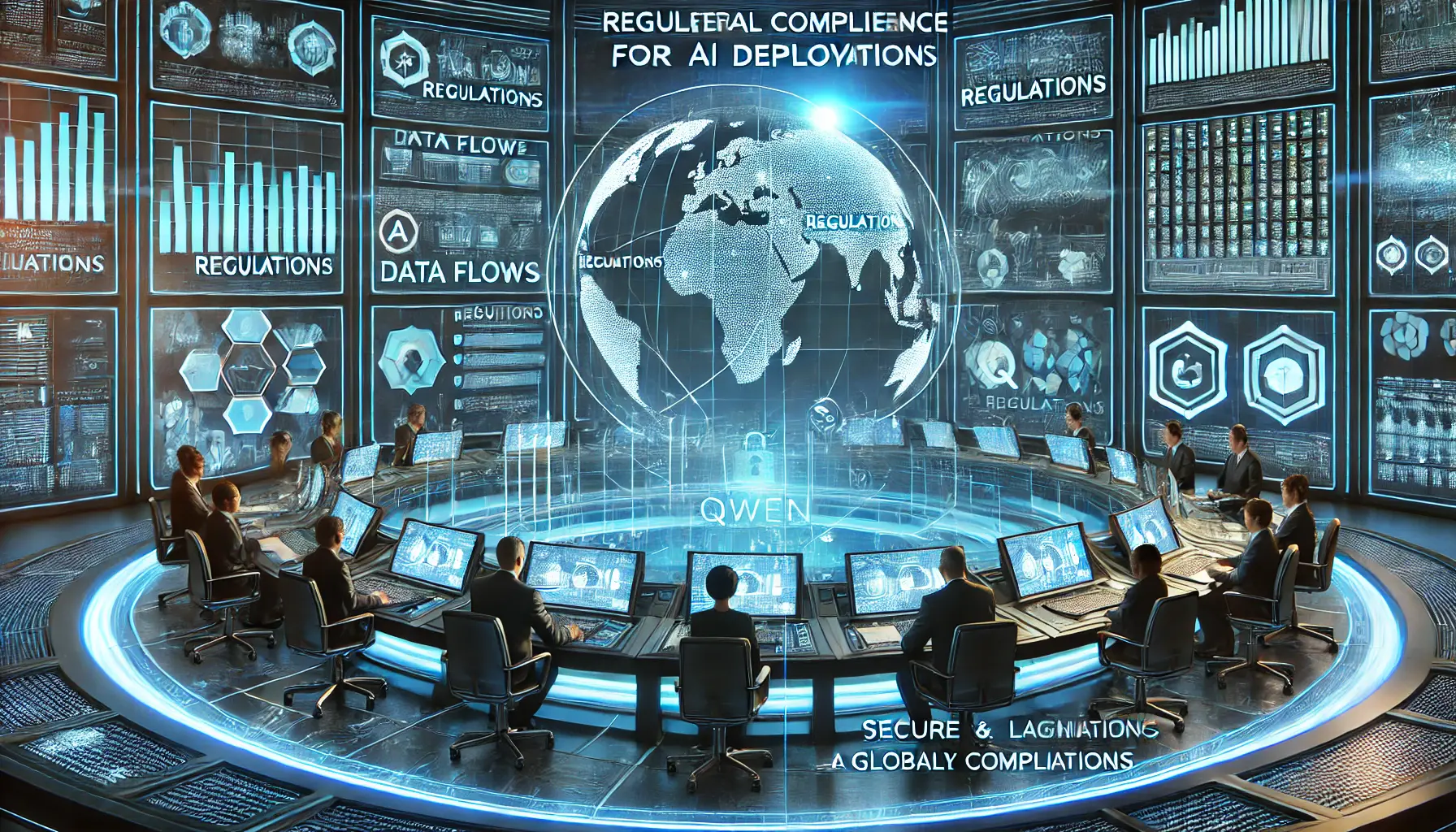 A high-tech control room where professionals oversee the compliance of AI systems, with holographic displays showcasing data flows, regulations, and compliance metrics.