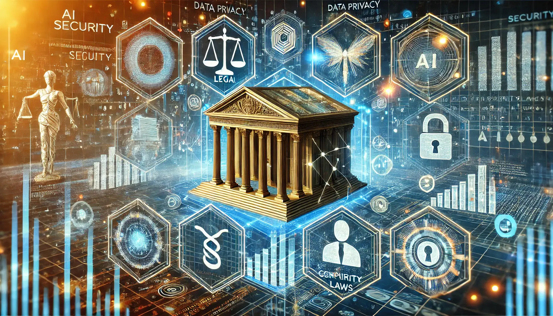 A digital concept featuring a futuristic courthouse surrounded by legal documents, data privacy laws, and compliance checks, symbolizing regulatory advancements in AI security.