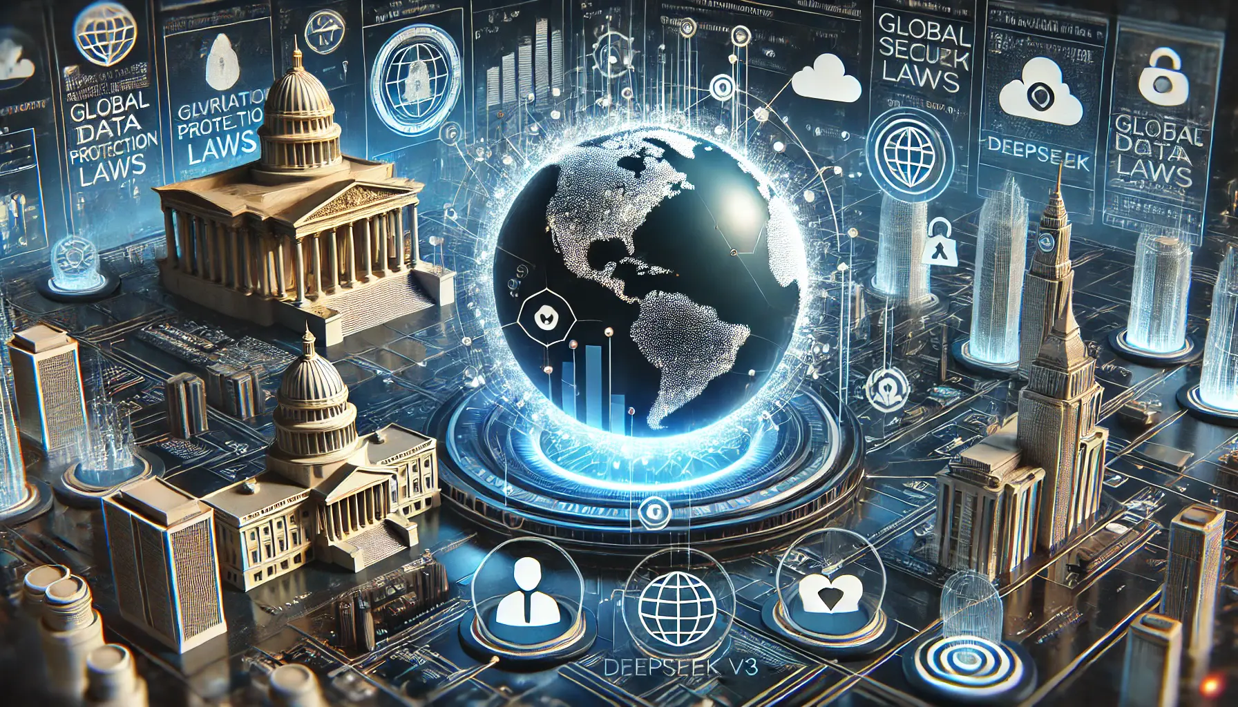 A digital globe surrounded by holographic government buildings and security icons representing regulatory authorities scrutinizing AI systems.