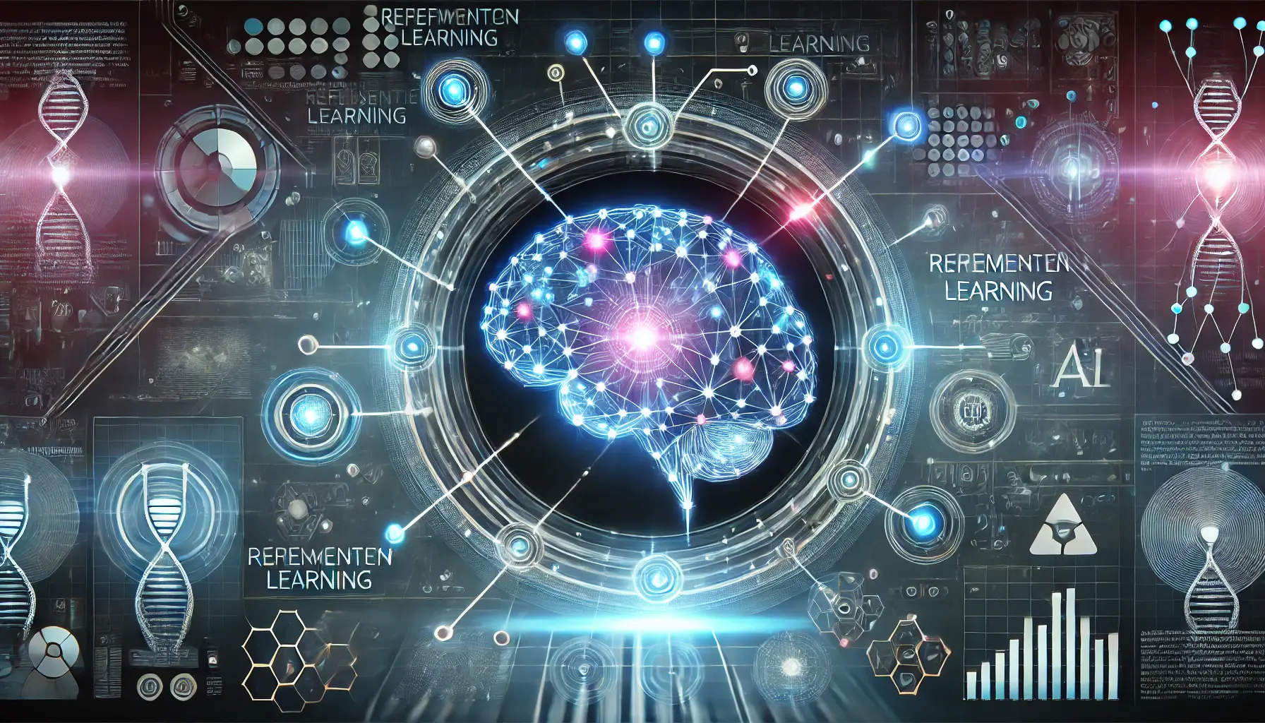 A futuristic AI brain with interconnected pathways, digital nodes, and adaptive neural networks visualizing reinforcement learning.