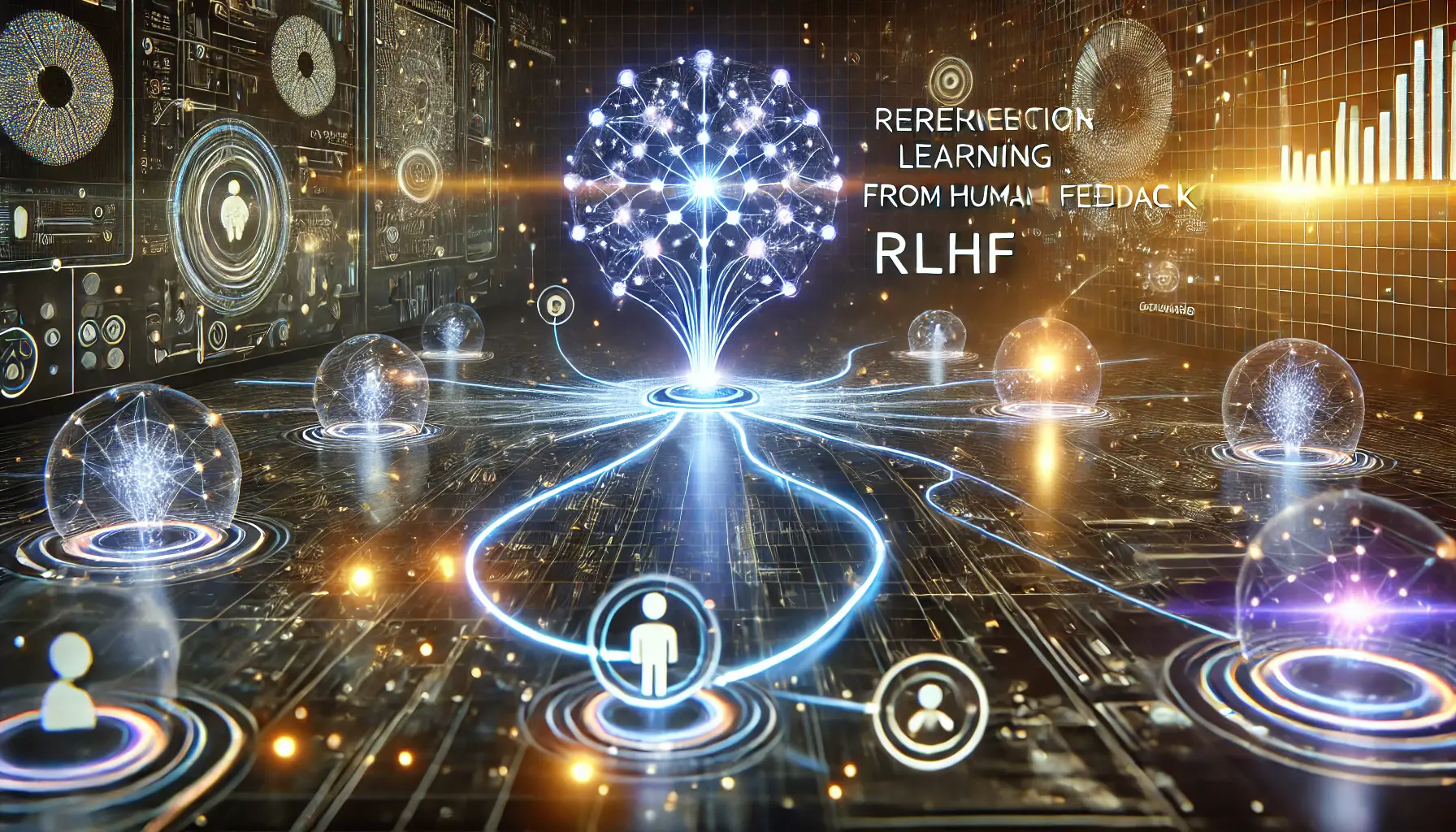 A futuristic visualization of reinforcement learning from human feedback, showing feedback loops and data flowing between an AI model and human evaluators.